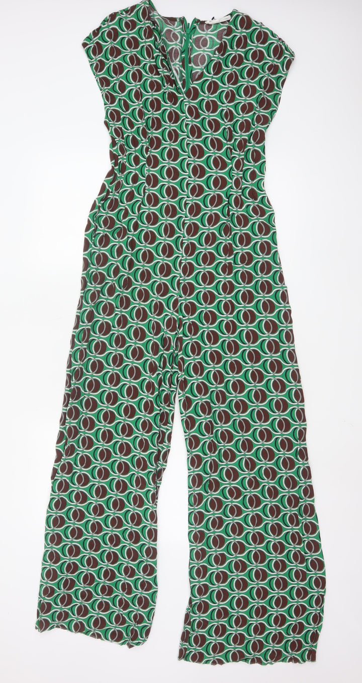 MNG Women's Green Geometric Wide-Leg Jumpsuit Size M V-Neck Zip Back