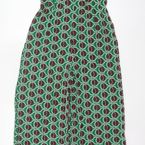 MNG Women's Green Geometric Wide-Leg Jumpsuit Size M V-Neck Zip Back