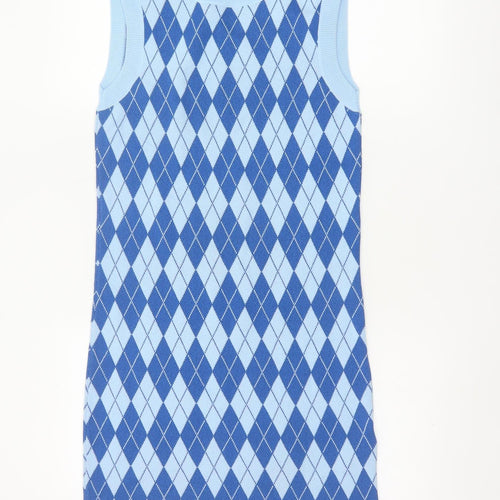 Zara Women’s Blue Argyle Knit Sleeveless Mini Shift Dress Size 12
