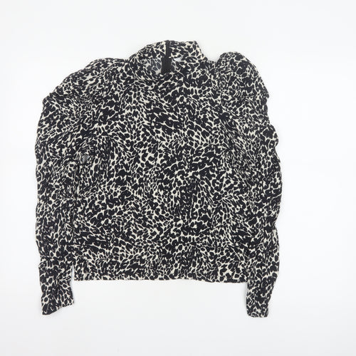 Zara Womens Black Animal Print High Neck Puff Sleeve Blouse XS