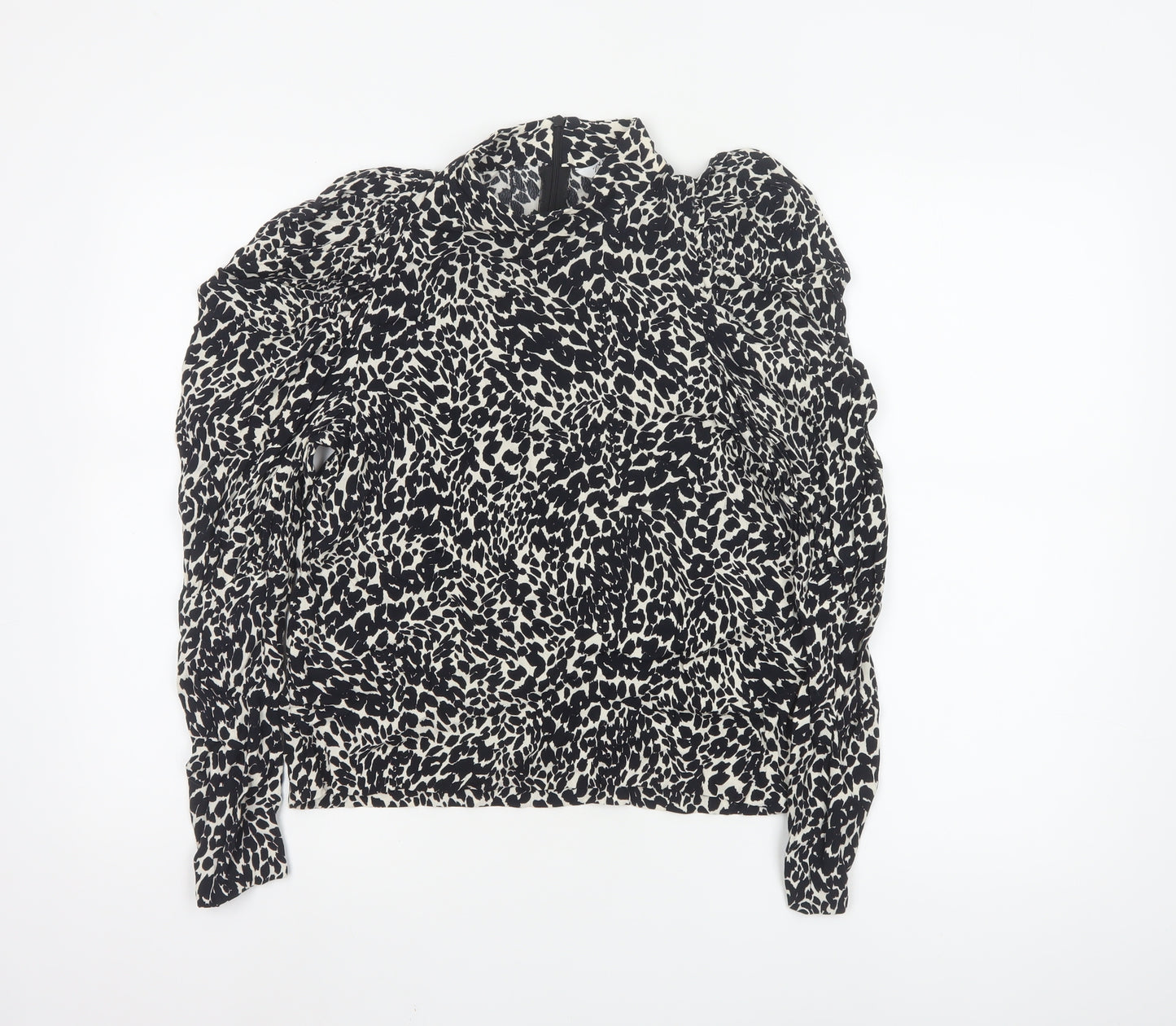 Zara Womens Black Animal Print High Neck Puff Sleeve Blouse XS