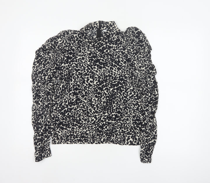 Zara Womens Black Animal Print High Neck Puff Sleeve Blouse XS