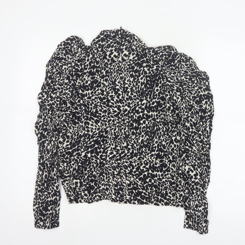 Zara Womens Black Animal Print High Neck Puff Sleeve Blouse XS