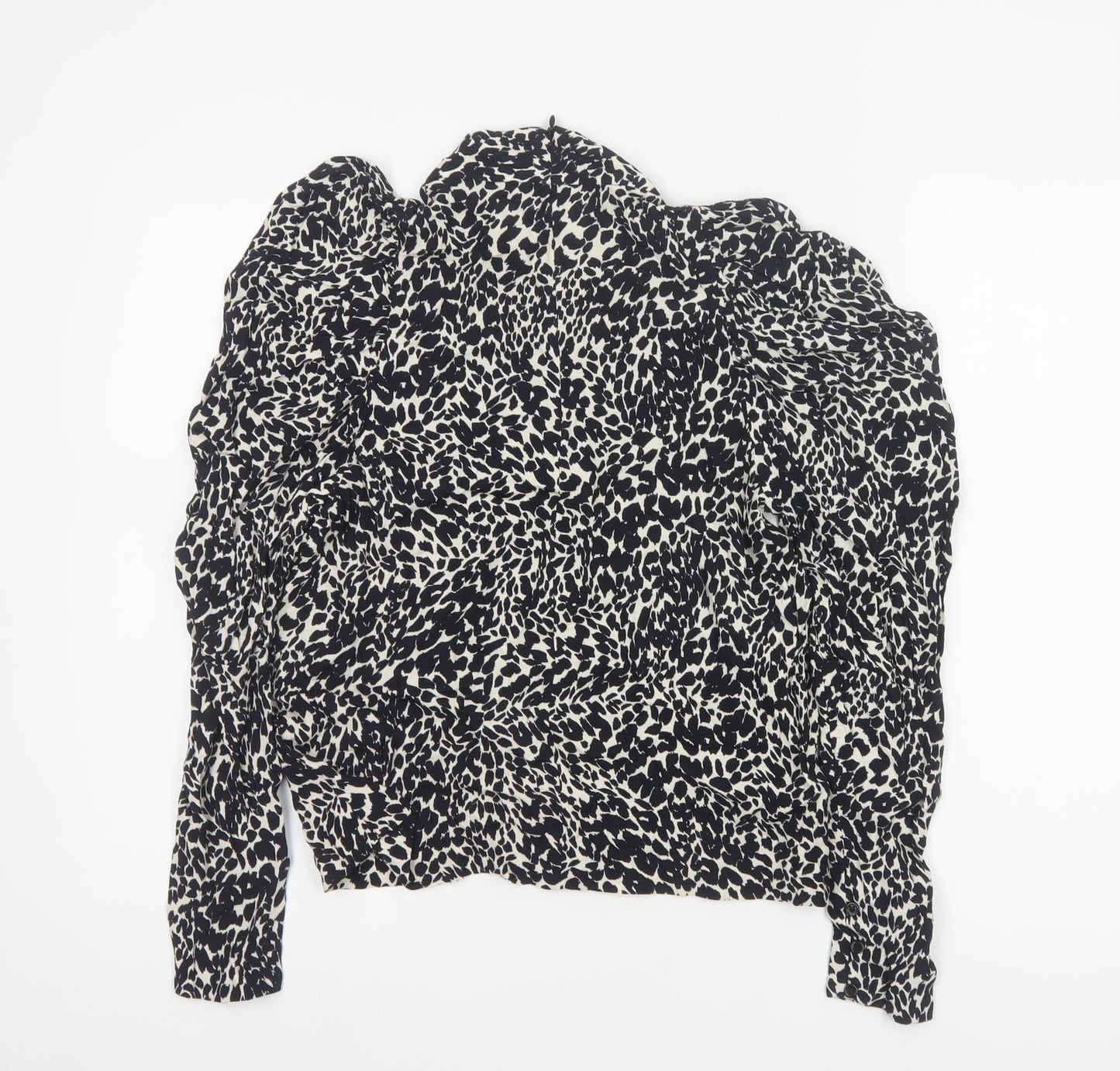Zara Womens Black Animal Print High Neck Puff Sleeve Blouse XS
