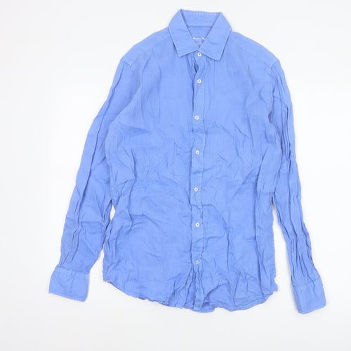 Massimo Dutti Men's Blue Linen Long Sleeve Button-Up Shirt Size S