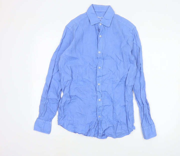 Massimo Dutti Men's Blue Linen Long Sleeve Button-Up Shirt Size S