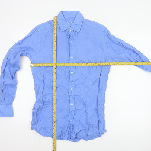 Massimo Dutti Men's Blue Linen Long Sleeve Button-Up Shirt Size S