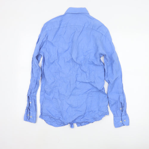 Massimo Dutti Men's Blue Linen Long Sleeve Button-Up Shirt Size S