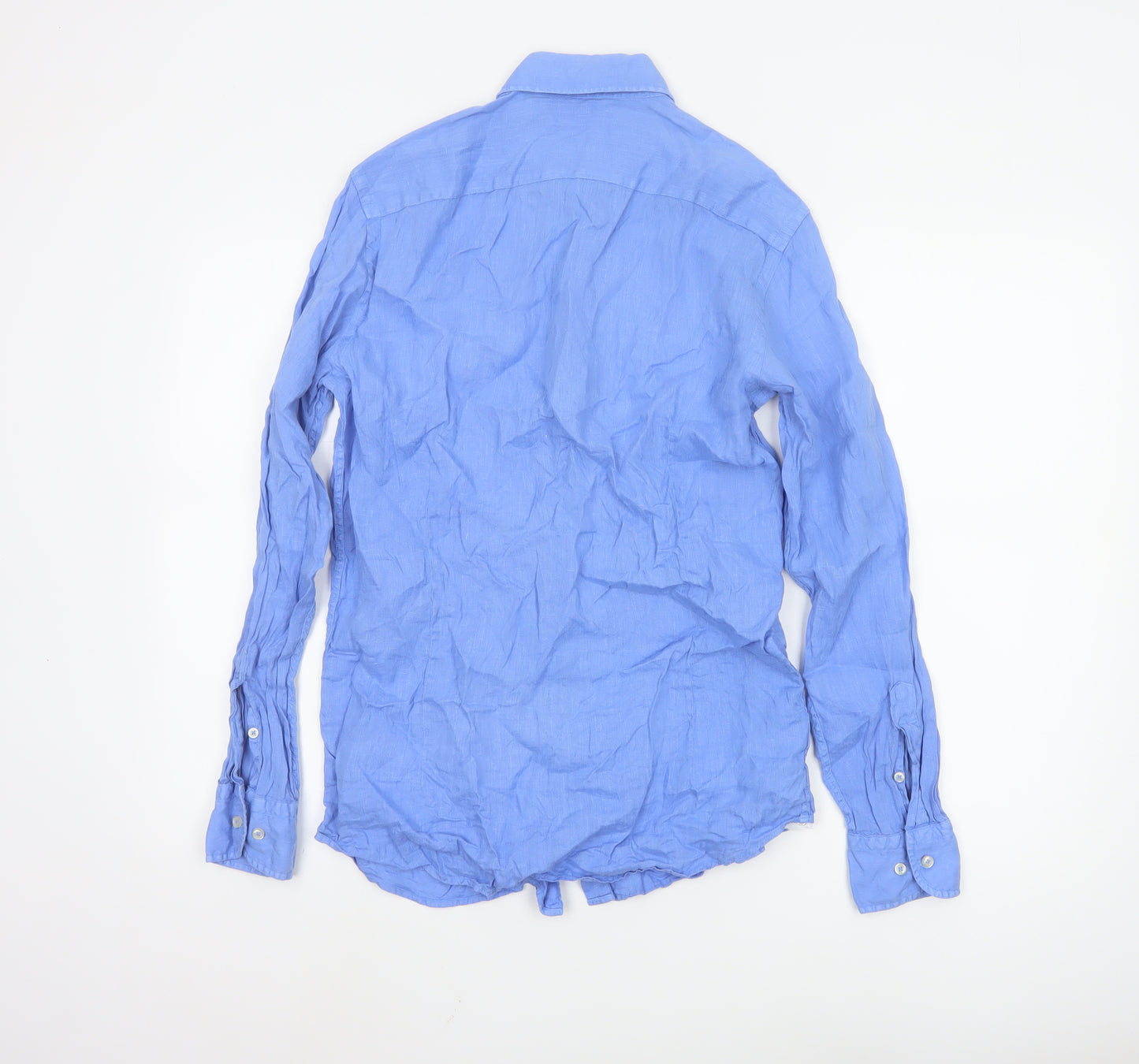 Massimo Dutti Men's Blue Linen Long Sleeve Button-Up Shirt Size S