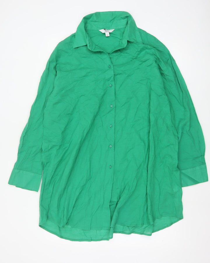 Marks and Spencer Women’s Green Cotton Long Sleeve Button-Up Shirt L