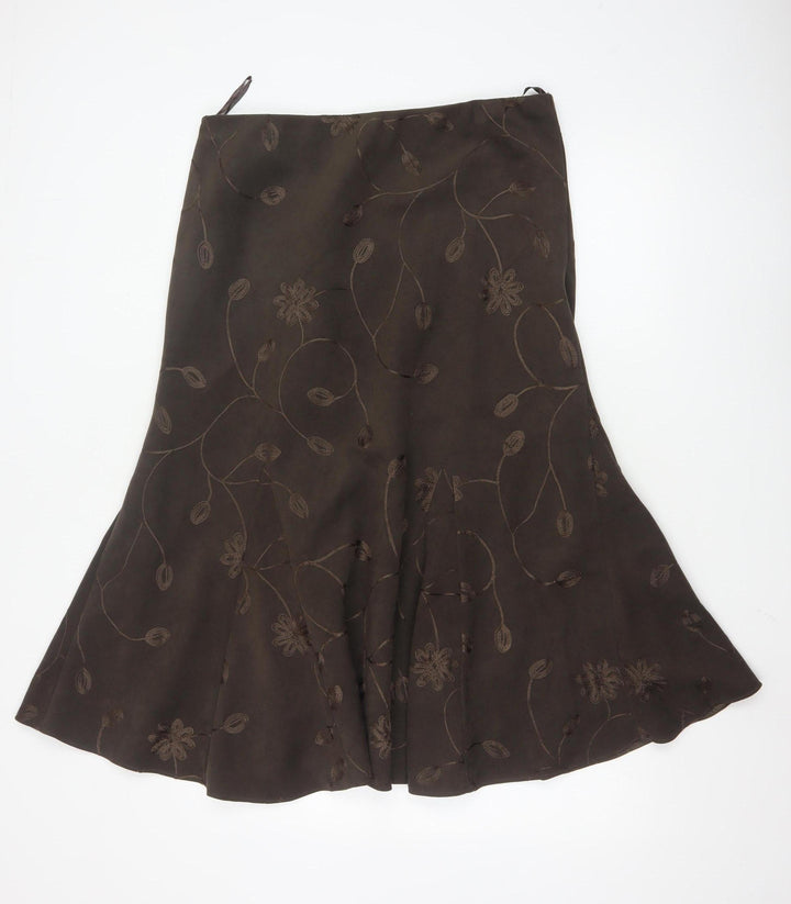 Bm Women Brown Floral Embroidered A-Line Midi Skirt Size 16