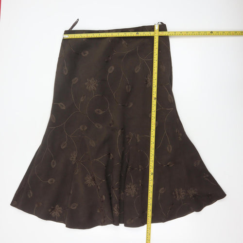 Bm Women Brown Floral Embroidered A-Line Midi Skirt Size 16