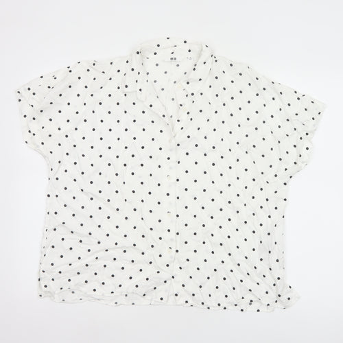 Uniqlo Women White Polka Dot Button-Up Shirt M Viscose