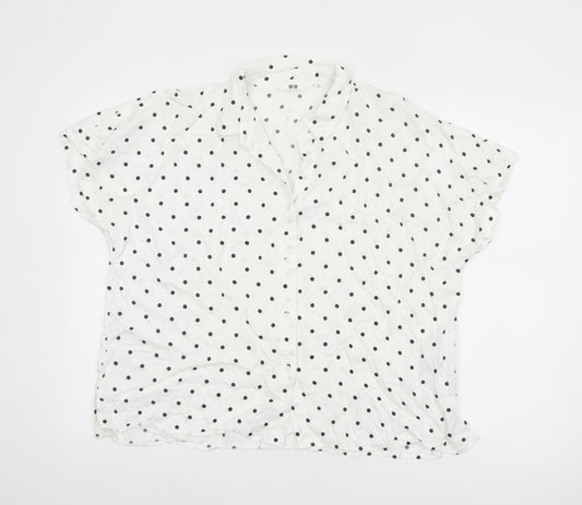 Uniqlo Women White Polka Dot Button-Up Shirt M Viscose
