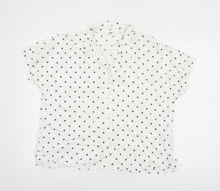 Uniqlo Women White Polka Dot Button-Up Shirt M Viscose