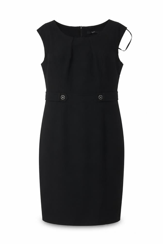 Front view of BHS Women’s Black Sleeveless Sheath Work Dress, size UK 12