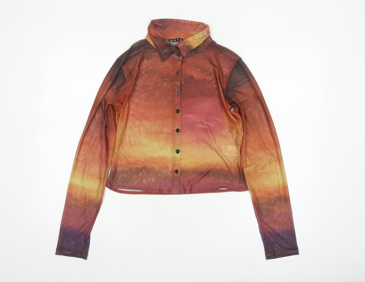 Motel Womens Multicoloured Mesh Collared Cropped Button-Up Shirt L