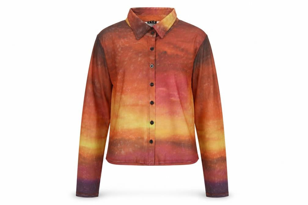 Front view of Motel Rocks women’s multicoloured mesh collared cropped button-up shirt l