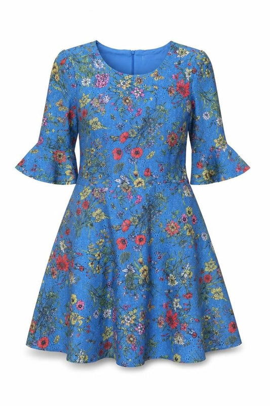 Front view of Oasis Women Blue Floral A-Line Short Dress, size 12