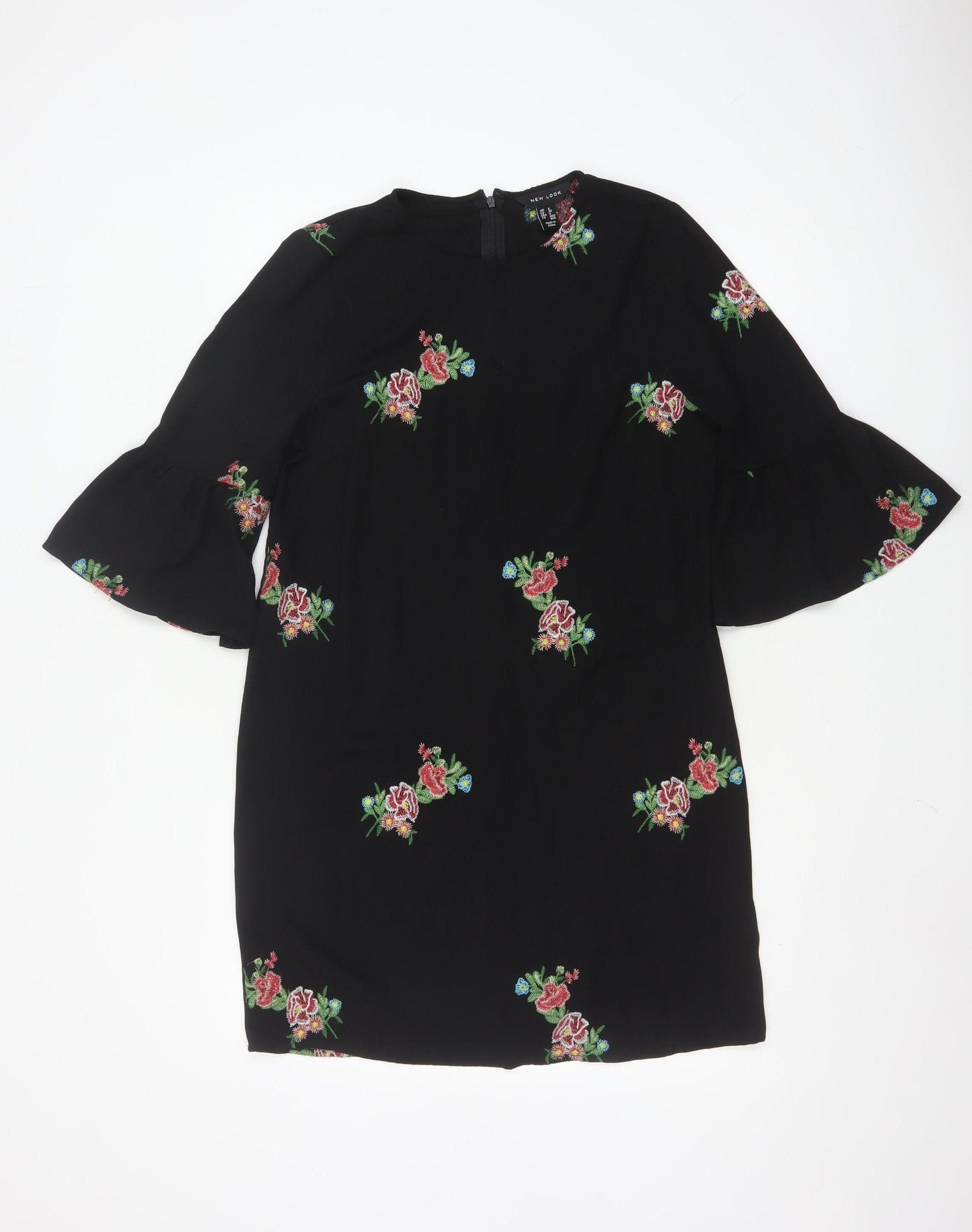 New Look Women Black Floral Embroidered Shift Dress Size 8