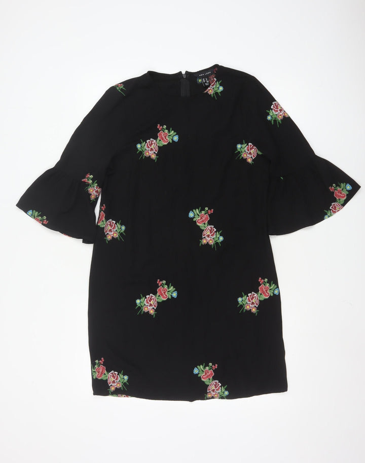 New Look Women Black Floral Embroidered Shift Dress Size 8