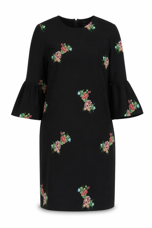 Front view of New Look Women Black Floral Embroidered Shift Dress, size 8