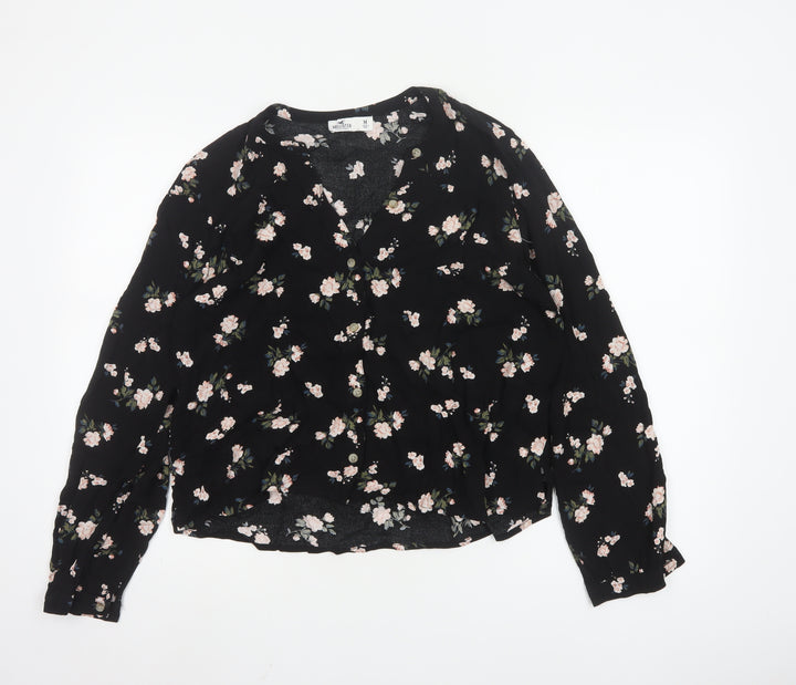 Hollister Women Black Floral Viscose Long Sleeve Tunic Blouse M