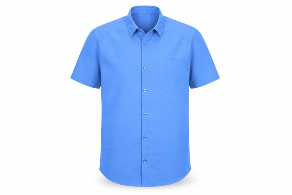 Front view of Charles Norton men’s blue short sleeve button-up shirt medium