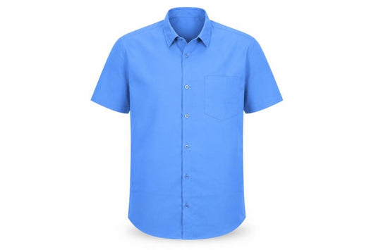 Front view of Charles Norton men’s blue short sleeve button-up shirt medium