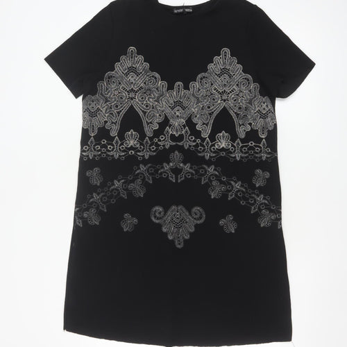 Zara Women Black Embroidered Shift Dress Size 10 Short Sleeve