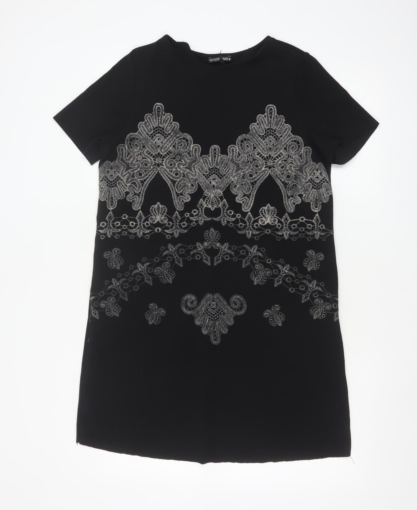 Zara Women Black Embroidered Shift Dress Size 10 Short Sleeve