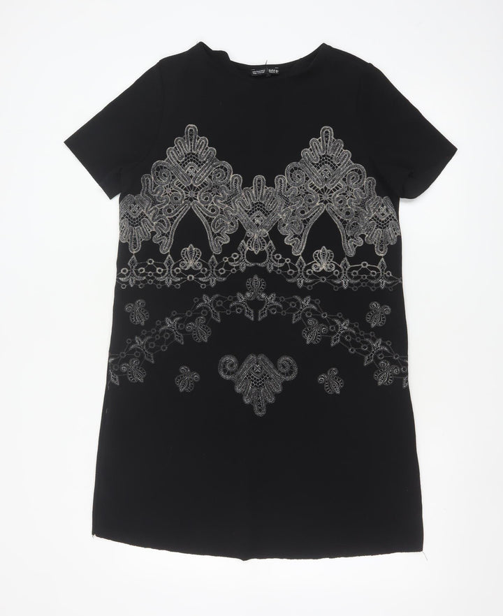 Zara Women Black Embroidered Shift Dress Size 10 Short Sleeve