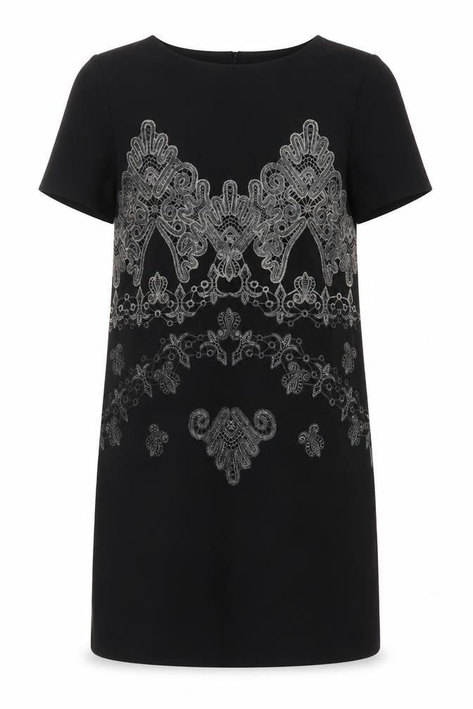 Zara Women Black Embroidered Shift Dress Size 10 Short Sleeve