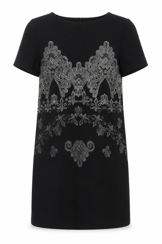 Front view of Zara Women Black Embroidered Shift Dress, size 10, Short Sleeve