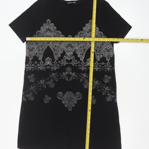Zara Women Black Embroidered Shift Dress Size 10 Short Sleeve