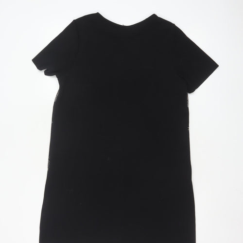 Zara Women Black Embroidered Shift Dress Size 10 Short Sleeve