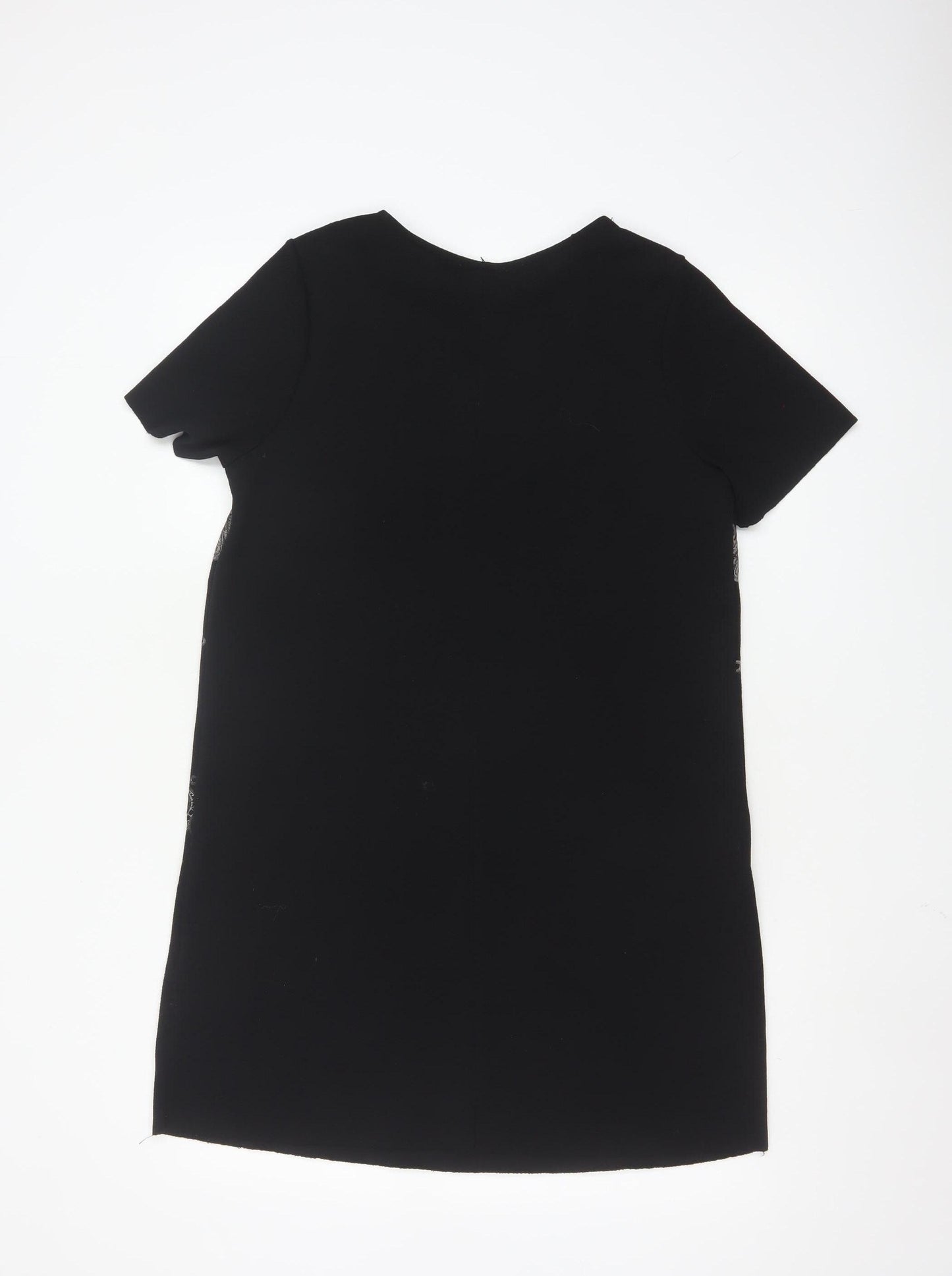Zara Women Black Embroidered Shift Dress Size 10 Short Sleeve