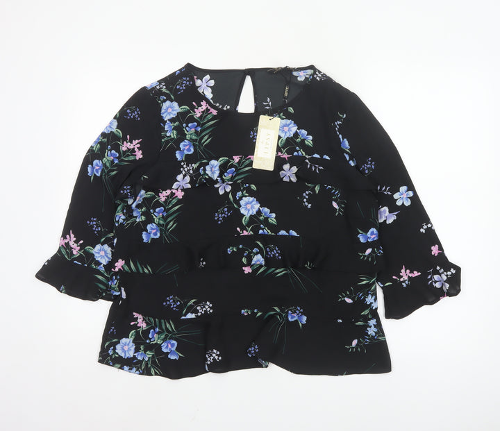 Lipsy Womens Black Floral Ruffle Tunic Blouse UK 16