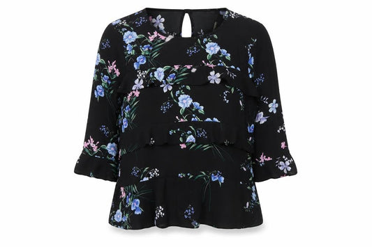 Front view of Lipsy women’s black floral ruffle tunic blouse uk 16
