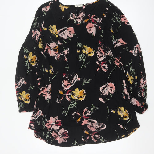 Fat Face Womens Black Floral Tunic Blouse Size 12 Viscose Long Sleeve