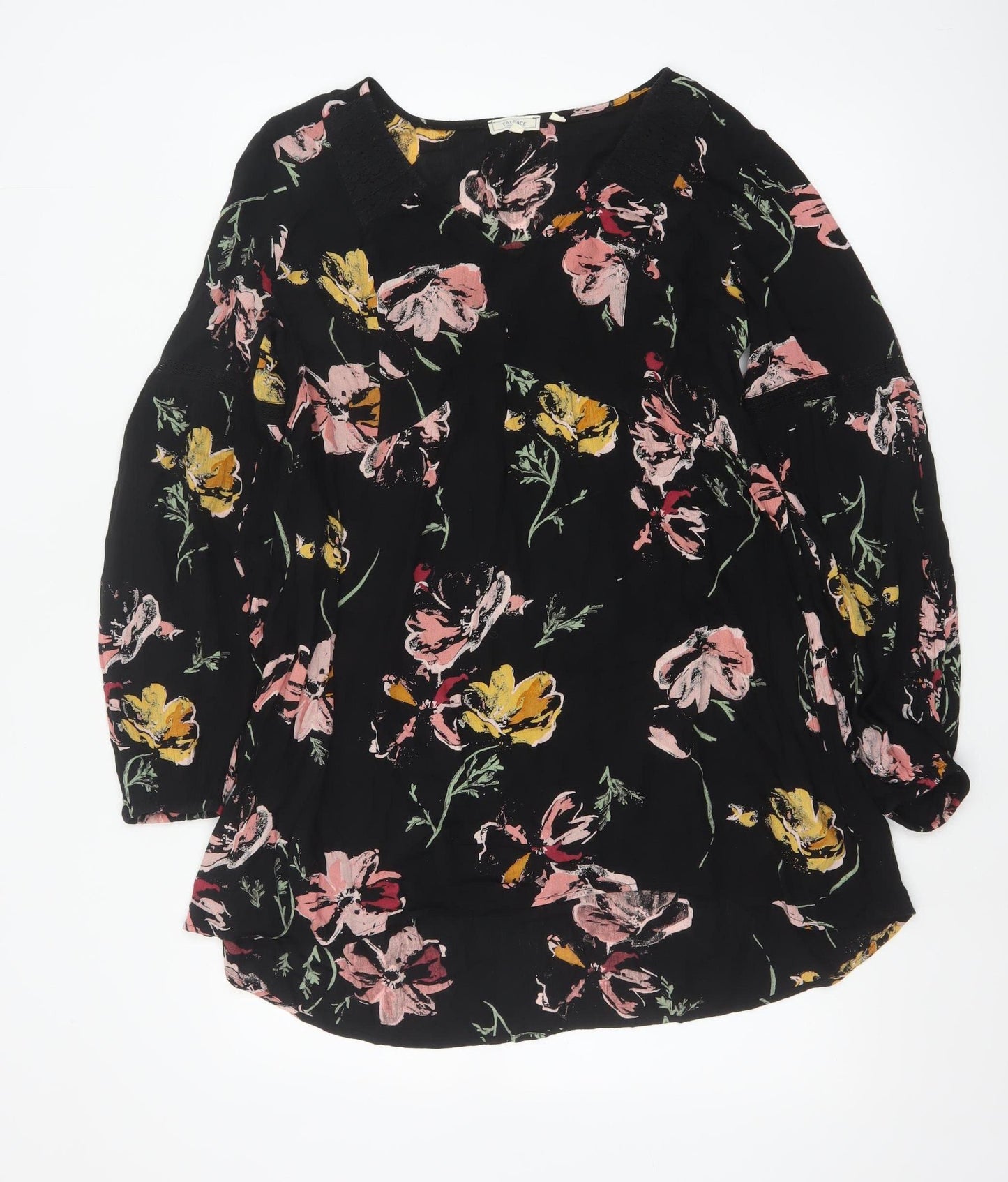 Fat Face Womens Black Floral Tunic Blouse Size 12 Viscose Long Sleeve