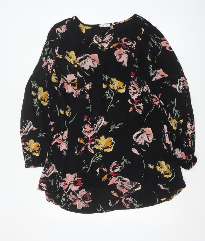 Fat Face Womens Black Floral Tunic Blouse Size 12 Viscose Long Sleeve