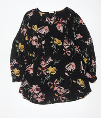 Fat Face Womens Black Floral Tunic Blouse Size 12 Viscose Long Sleeve