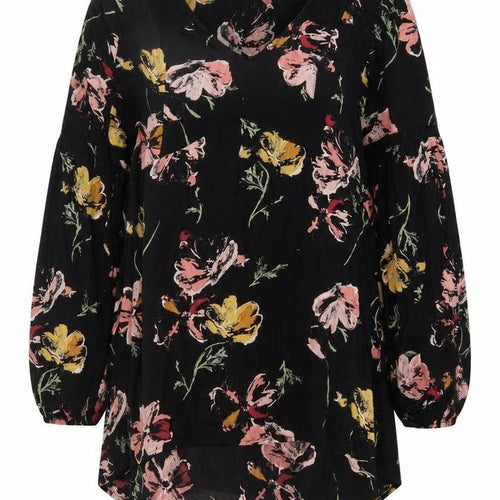 Fat Face Womens Black Floral Tunic Blouse Size 12 Viscose Long Sleeve