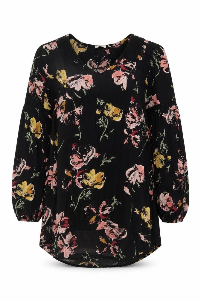 Fat Face Womens Black Floral Tunic Blouse Size 12 Viscose Long Sleeve