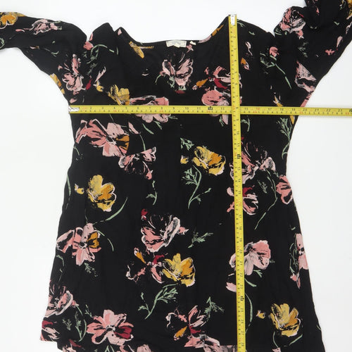 Fat Face Womens Black Floral Tunic Blouse Size 12 Viscose Long Sleeve