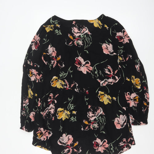 Fat Face Womens Black Floral Tunic Blouse Size 12 Viscose Long Sleeve