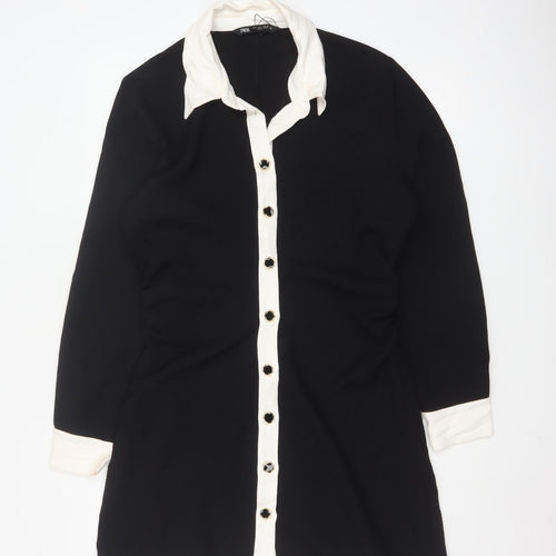 Zara Women Black White Collared Long Sleeve Shirt Dress Size 14