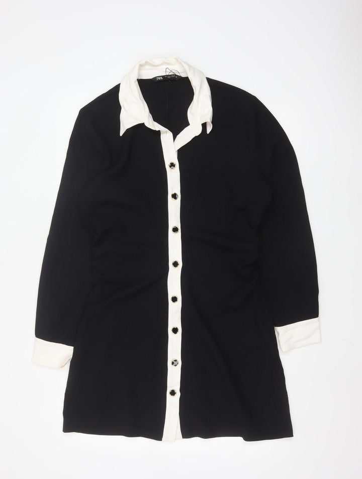 Zara Women Black White Collared Long Sleeve Shirt Dress Size 14