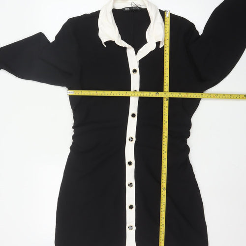 Zara Women Black White Collared Long Sleeve Shirt Dress Size 14
